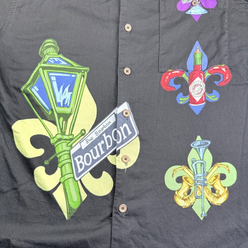 Tabasco Sportswear Button Down Shirt Mens Lg Black Bourbon Street NOLA Graphic - Picture 3 of 14